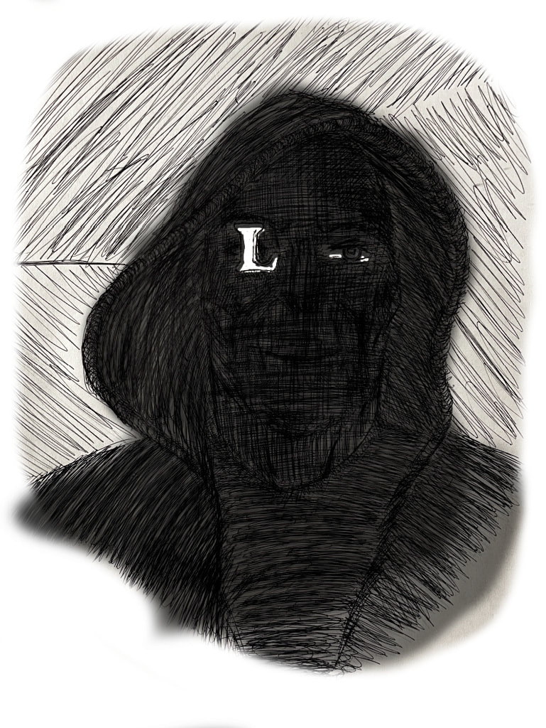 Nick appears as a hooded Kallikantzeros in deep silhouette, only the plastic L and his left eye visible in the darkness.